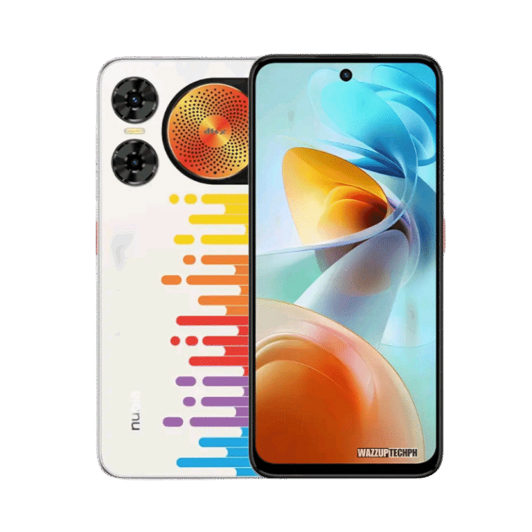 Image of the ZTE Nubia Music Pro, showcasing its unique design with a large speaker and colorful, artistic back panel.