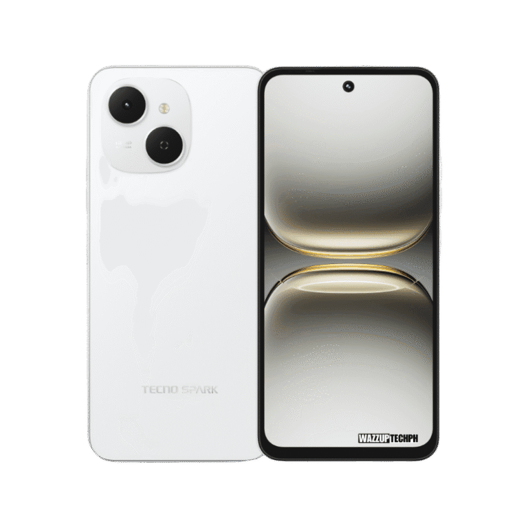Tecno Spark 40c 4G Front and back view of the white Tecno Spark 40C 4g, showing dual rear cameras and a minimalist display.