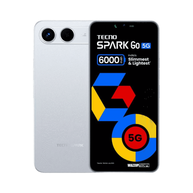 Tecno Spark Go 5G Image of the Tecno Spark Go 5G, showcasing its dual rear cameras and a screen displaying "Tecno Spark Go 5G" with a colorful graphic.