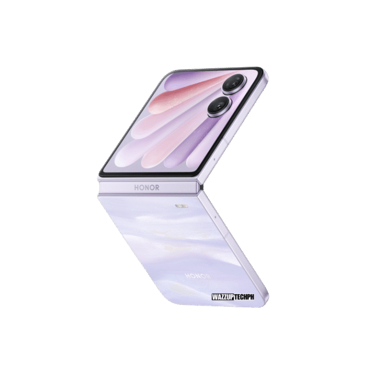 Honor Magic V Flip2 A lavender Honor Magic V Flip2 partially folded, showcasing its dual cameras and sleek design.