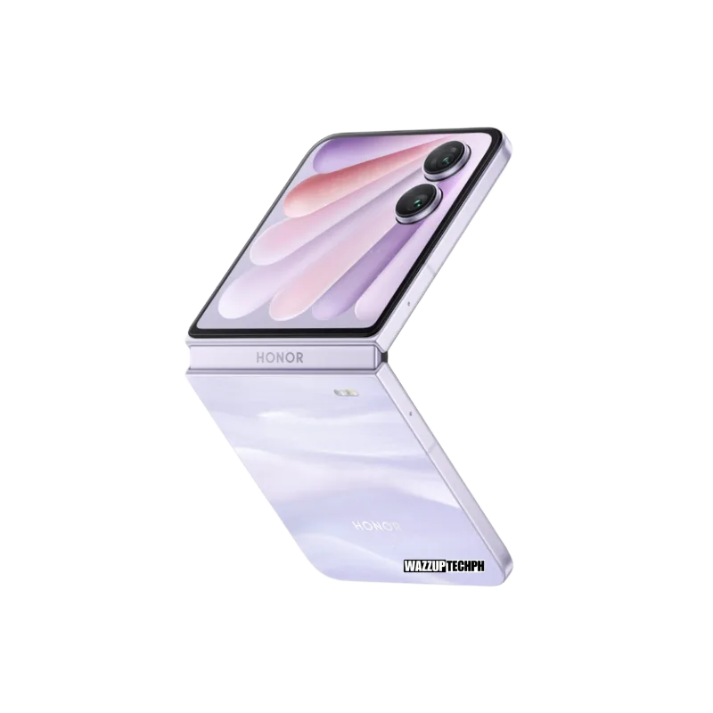 Honor Magic V Flip2 A lavender Honor Magic V Flip2 partially folded, showcasing its dual cameras and sleek design.