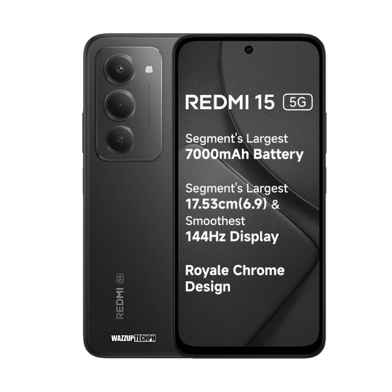 Redmi 15 A black Redmi 15 5G phone is displayed against a dark background, showcasing its key features: a segment-leading 7000mAh battery, a large 17.53cm (6.9") 144Hz display, and a Royale Chrome Design. The phone's rear camera setup is visible, along with the Redmi 5G branding. A watermark for "WAZZUPTECHPH" is present at the bottom.