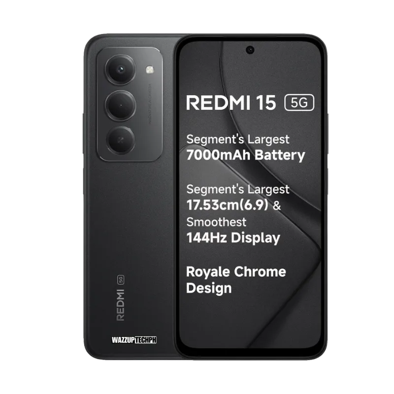 Redmi 15 5G A black Redmi 15 5G phone is displayed against a dark background, showcasing its key features: a segment-leading 7000mAh battery, a large 17.53cm (6.9") 144Hz display, and a Royale Chrome Design. The phone's rear camera setup is visible, along with the Redmi 5G branding. A watermark for "WAZZUPTECHPH" is present at the bottom.