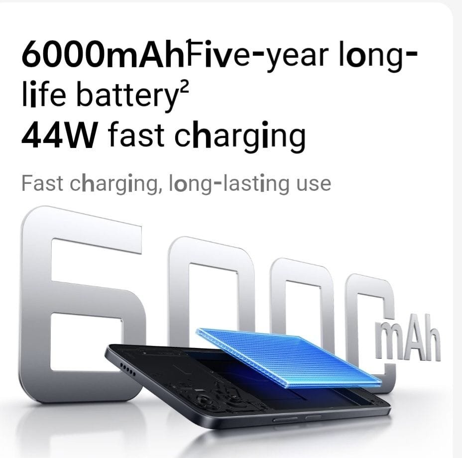 Promotional image emphasizing the Vivo G3 5G's long battery life with a 6000mAh battery and 44W fast charging. The image includes a visual representation of the battery and charging capabilities.