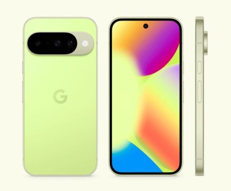 Three views of the Google Pixel 10: back with camera bar, front with colorful screen, and side profile.