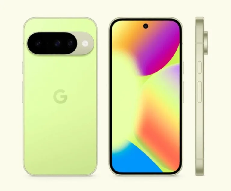 Google Pixel 10 Series | Features, Specifications, and Price Three views of the Google Pixel 10: back with camera bar, front with colorful screen, and side profile.