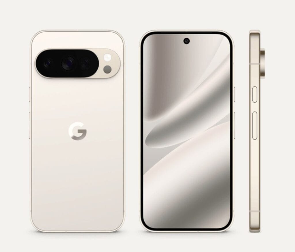 Three views of the Google Pixel 10 Pro: back with camera bar, front with a sleek display, and side profile.