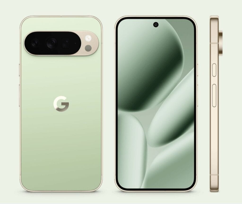 Three views of the Google Pixel 10 Pro XL: back with camera bar, front with a modern display, and side profile.