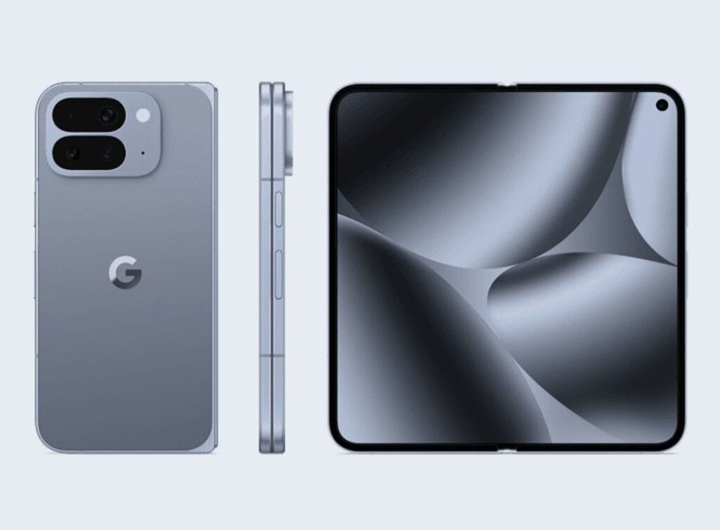 Three views of the Google Pixel 10 Pro Fold: back with camera module, side profile, and fully unfolded display.