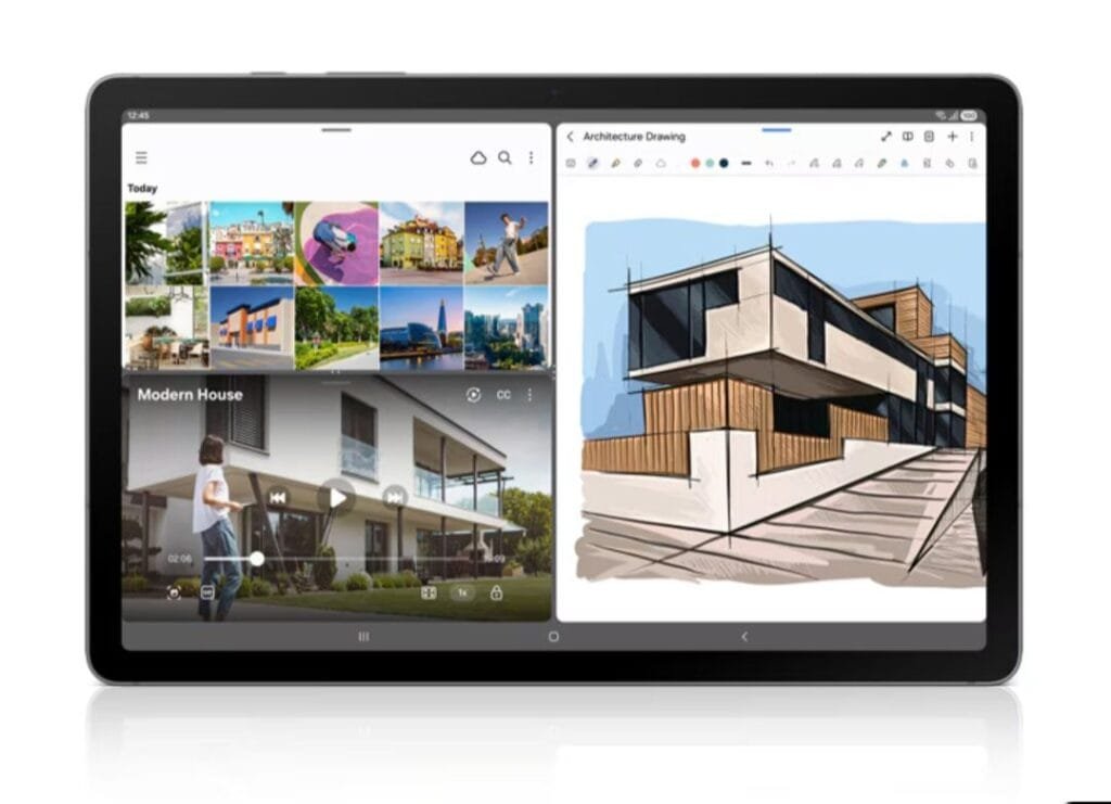 Samsung Galaxy Tab S10 Lite | 10.9" TFT LCD, Exynos 1380, and 8,000mAh Battery 2 Image of the Samsung Galaxy Tab S10 Lite showing a split screen with a video playing on one side and an architecture drawing on the other.