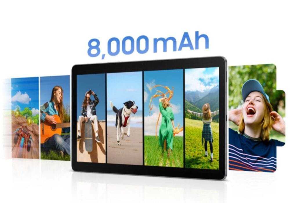 Samsung Galaxy Tab S10 Lite | 10.9" TFT LCD, Exynos 1380, and 8,000mAh Battery 3 Image of the Samsung Galaxy Tab S10 Lite displaying various lifestyle activities, emphasizing its long battery life with the text '8,000mAh' above the tablet.