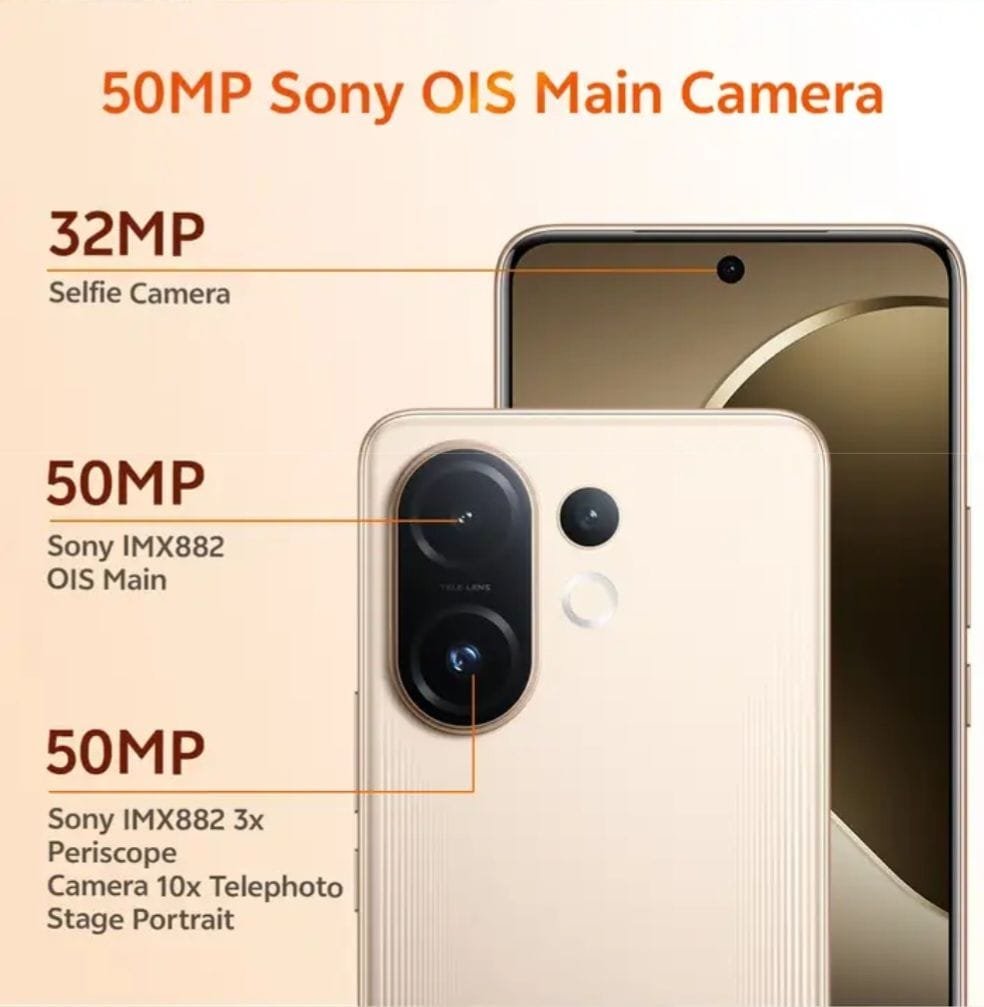 Image detailing the camera specifications of the Vivo T4 Pro, including a 50MP Sony OIS main camera, a 32MP selfie camera, and a 50MP Sony IMX882 periscope camera.