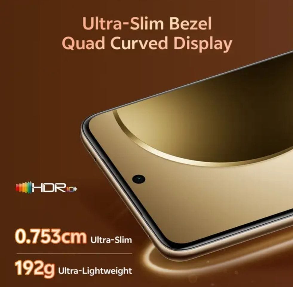 Close-up of the Vivo T4 Pro's screen, emphasizing the ultra-slim bezels and quad-curved display. Text highlights the 0.753cm thickness and 192g weight.