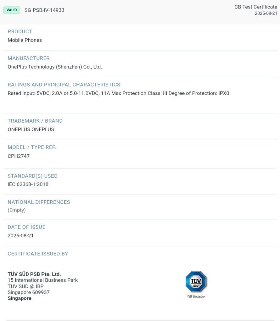 A CB Test Certificate dated 2025-08-21, showing TÜV SÜD PSB Pte. Ltd. certification for OnePlus mobile phones, model CPH2747, manufactured by OnePlus Technology (Shenzhen) Co., Ltd., with a rated input of 5VDC, 2.0A or 5.0-11.0VDC, 11A.