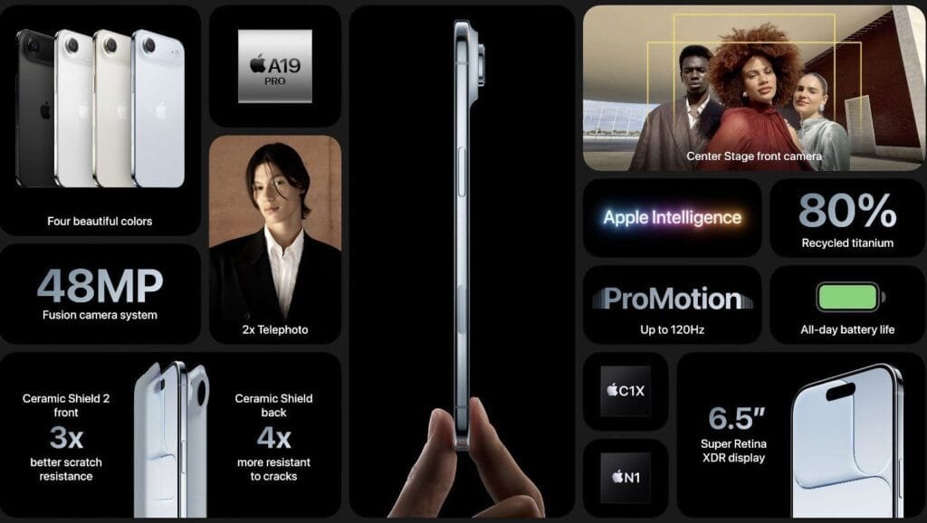 iPhone 17 Air Price in the Philippines Starting at ₱72,990 2 Collage showcasing the iPhone 17 Air's features: color options, A19 Pro chip, 48MP Fusion camera, Ceramic Shield durability, Apple Intelligence, ProMotion 120Hz display, and recycled titanium build.