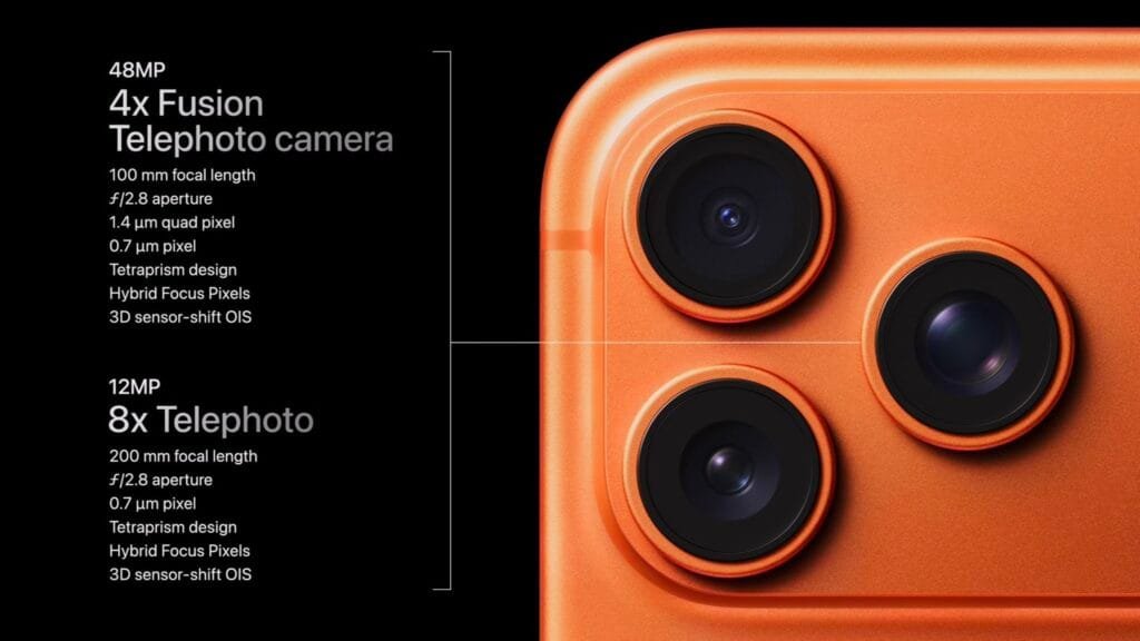 Image highlighting the iPhone 17 Pro Max in a vibrant orange hue, showcasing its triple 48MP camera system against a black backdrop.