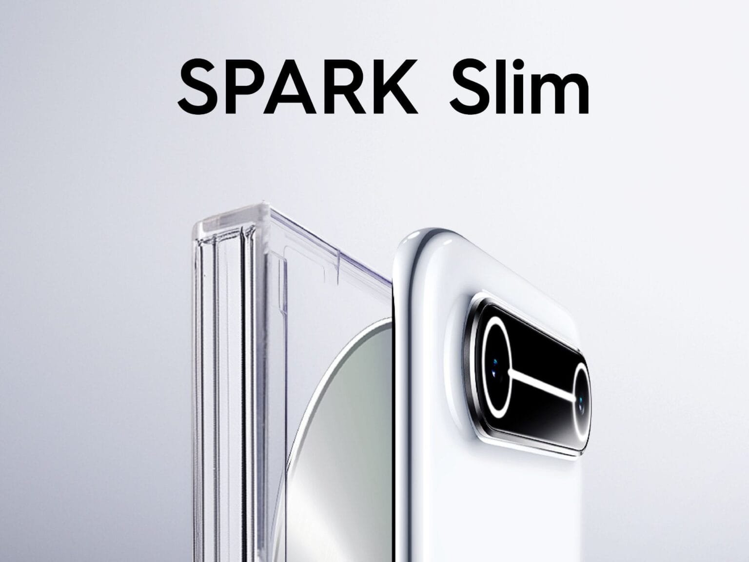 Image of the Tecno Spark Slim emphasizing its ultra-slim form factor and the design of its dual-camera arrangement.