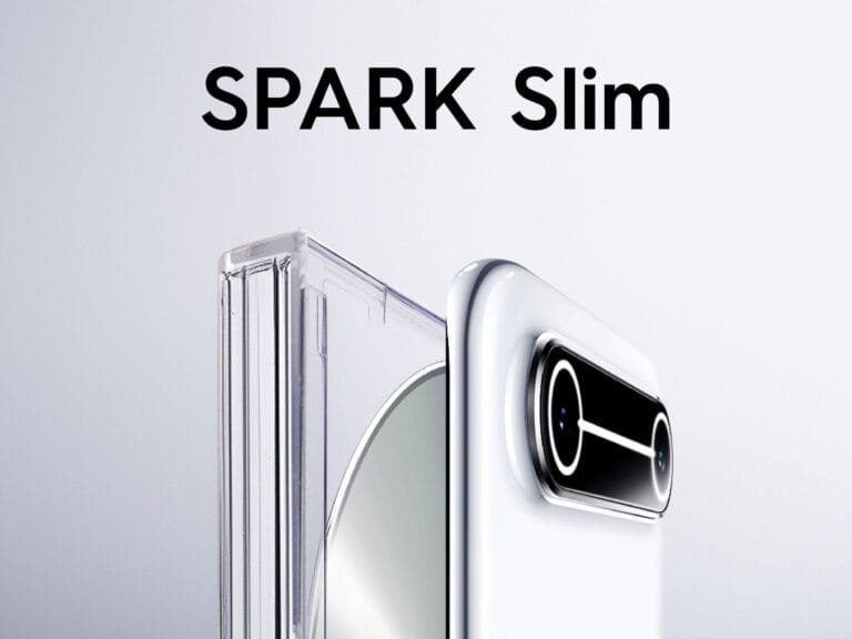 Image of the Tecno Spark Slim emphasizing its ultra-slim form factor and the design of its dual-camera arrangement.