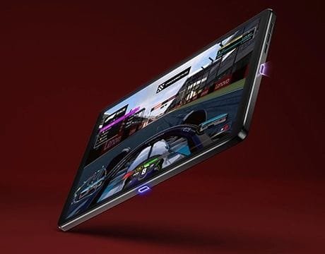Lenovo Legion Tab 2025 Price in the Philippines Starting at ₱29,995 2 Angled view of the Lenovo Legion Tab 2025 showing a high-definition racing game on its screen, highlighting its slim design and vibrant display.
