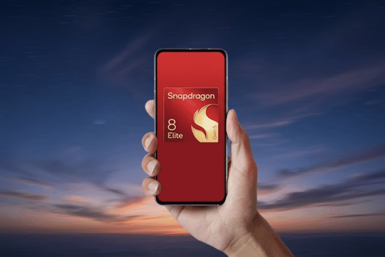 A hand holds a smartphone with a red screen showcasing the Snapdragon 8 Elite Gen 5 logo. The background features a vibrant sunset sky.