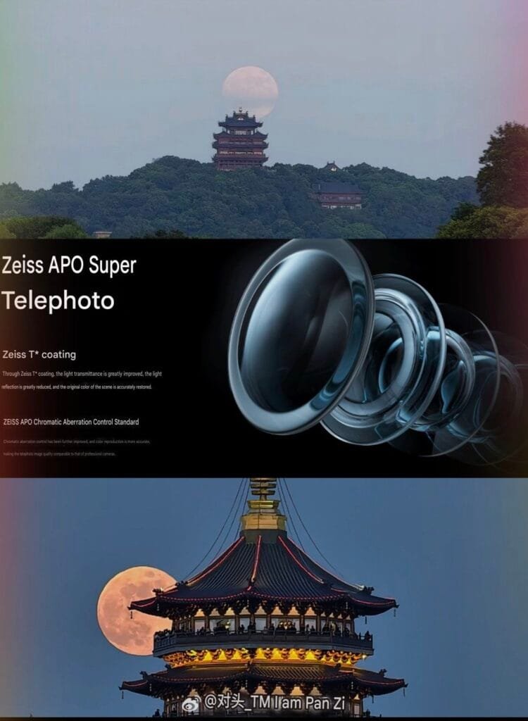 A detailed view of the lens's internal structure, highlighting the Zeiss T* coating designed to improve light transmittance and reduce reflections. Also featured is the ZEISS APO Chromatic Aberration Control Standard, ensuring accurate color reproduction.