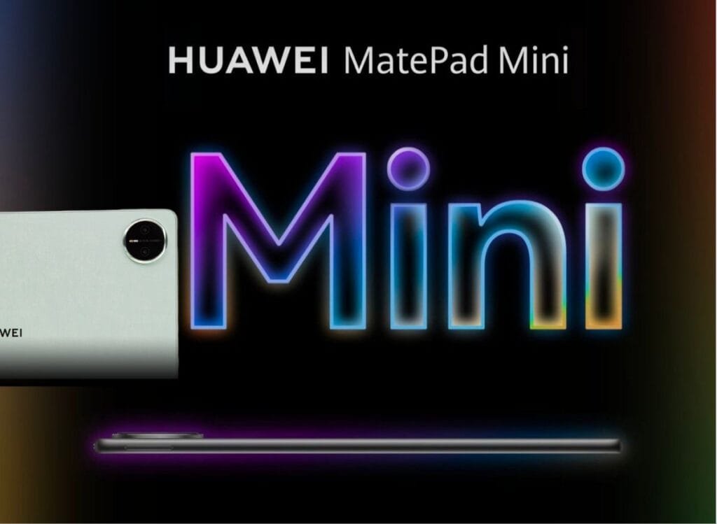 Huawei MatePad Mini ad featuring the tablet, the word "Mini" in a neon gradient, and a sleek design.