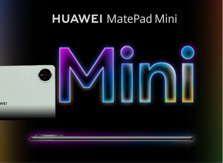Huawei MatePad Mini ad featuring the tablet, the word "Mini" in a neon gradient, and a sleek design.