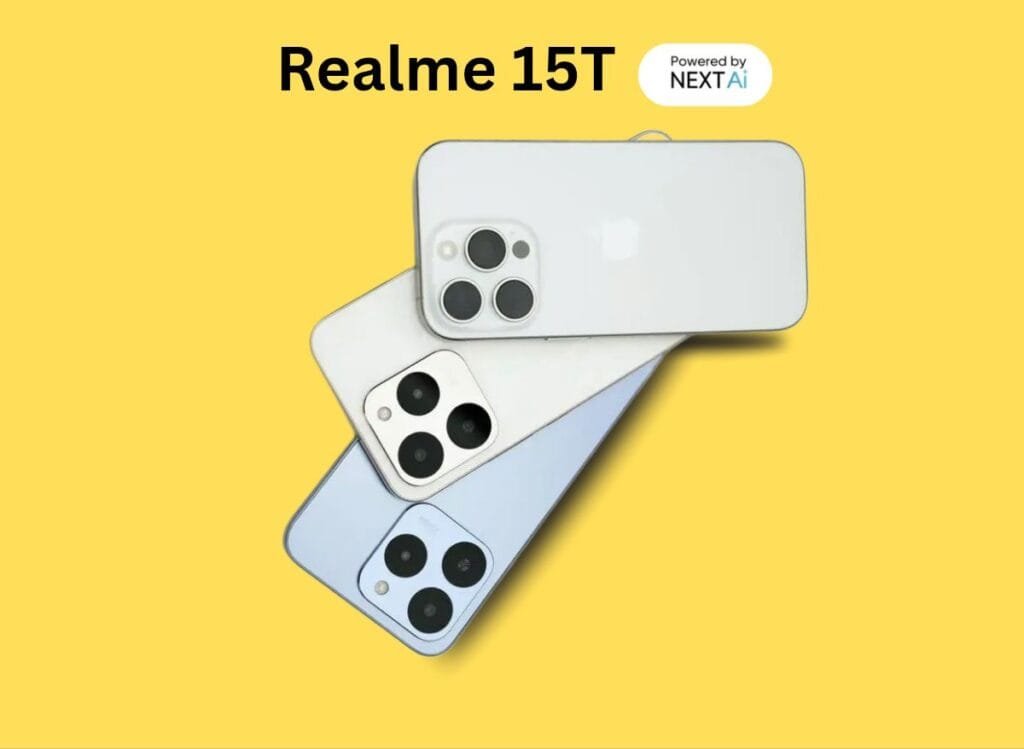 Close-up of three Realme 15T phones stacked, showcasing their rear camera design and color variations (Silk Blue, Suit Titanium, Flowing Silver) against a yellow background.