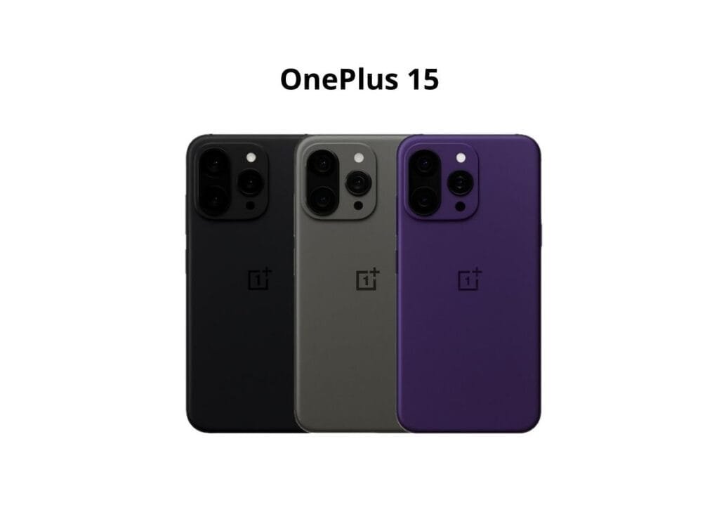 Three OnePlus 15 phones in black, gray, and purple are lined up, showcasing their rectangular camera modules and the OnePlus logo on the back.