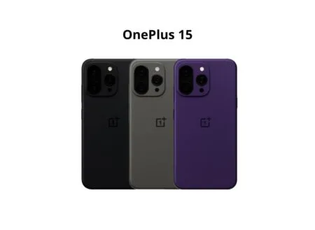 OnePlus 15 TÜV Certification | Snapdragon 8 Elite Gen 5 and 120W Fast Charging Three OnePlus 15 phones in black, gray, and purple are lined up, showcasing their rectangular camera modules and the OnePlus logo on the back.