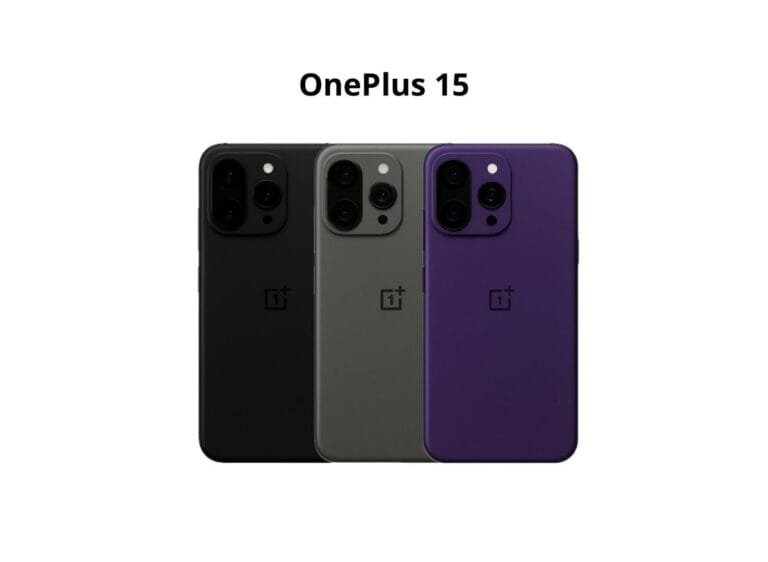 OnePlus 15 TÜV Certification | Snapdragon 8 Elite Gen 5 and 120W Fast Charging Three OnePlus 15 phones in black, gray, and purple are lined up, showcasing their rectangular camera modules and the OnePlus logo on the back.