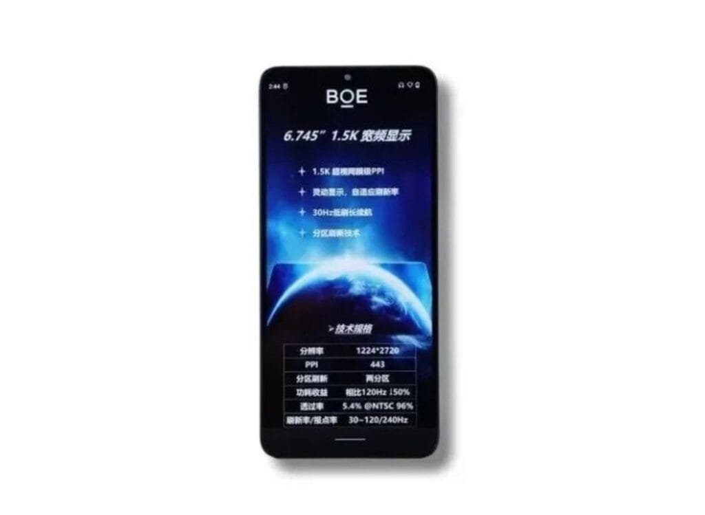 Image of a smartphone featuring BOE's Ads Pro IPS LCD, highlighting its 1.5K resolution, adaptive refresh rate, 30Hz low refresh for battery saving, and partitioned refresh technology. Technical specifications include 1224*2720 resolution, 443 PPI, and 30-120/240Hz refresh rate.
