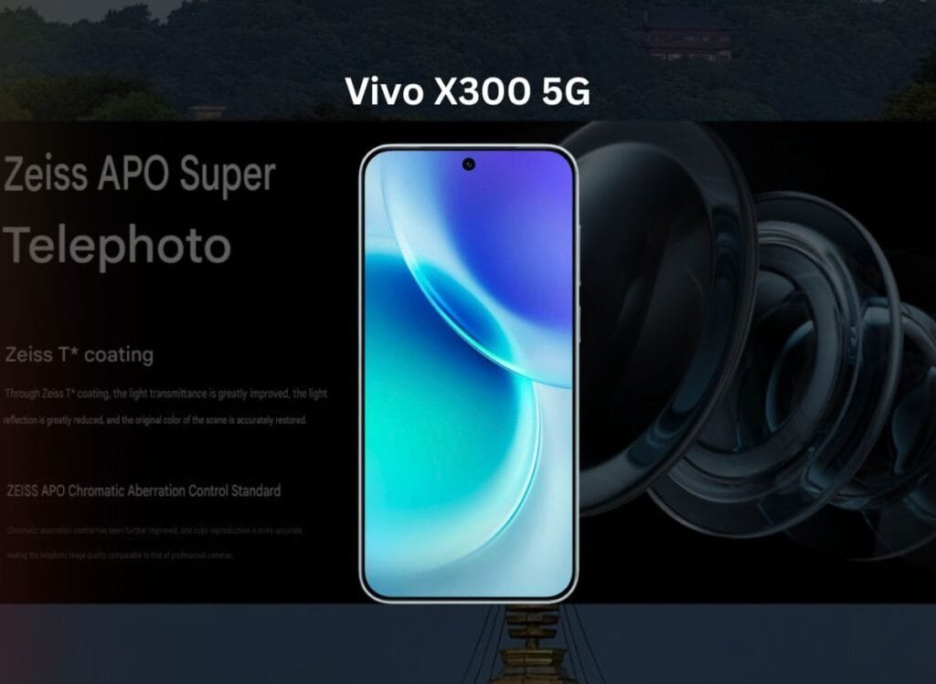Promotional image for the Vivo X300 5G, highlighting its Zeiss APO Super Telephoto lens. The sleek smartphone features a vibrant display with a blue and white abstract wallpaper. The image emphasizes Zeiss T coating* for improved light transmittance and color accuracy. A stylized graphic of lens elements is in the background.