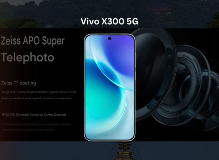 Vivo X300 5G Leak Reveals 200MP Samsung HPB Camera and 50MP Sony LYT-602 Periscope Promotional image for the Vivo X300 5G, highlighting its Zeiss APO Super Telephoto lens. The sleek smartphone features a vibrant display with a blue and white abstract wallpaper. The image emphasizes Zeiss T coating* for improved light transmittance and color accuracy. A stylized graphic of lens elements is in the background.