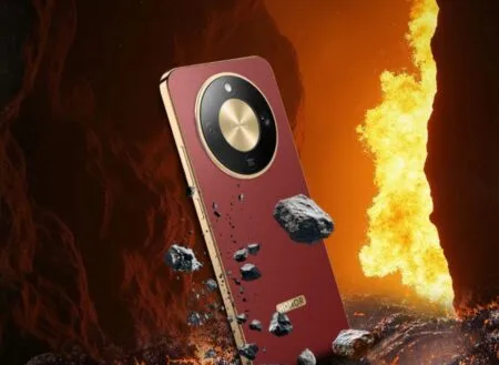 Honor X9d Launching on September 24, 2025, in Malaysia Close-up of the Honor X9d phone showcasing its circular camera module and textured red back, floating amidst volcanic rocks and flames.