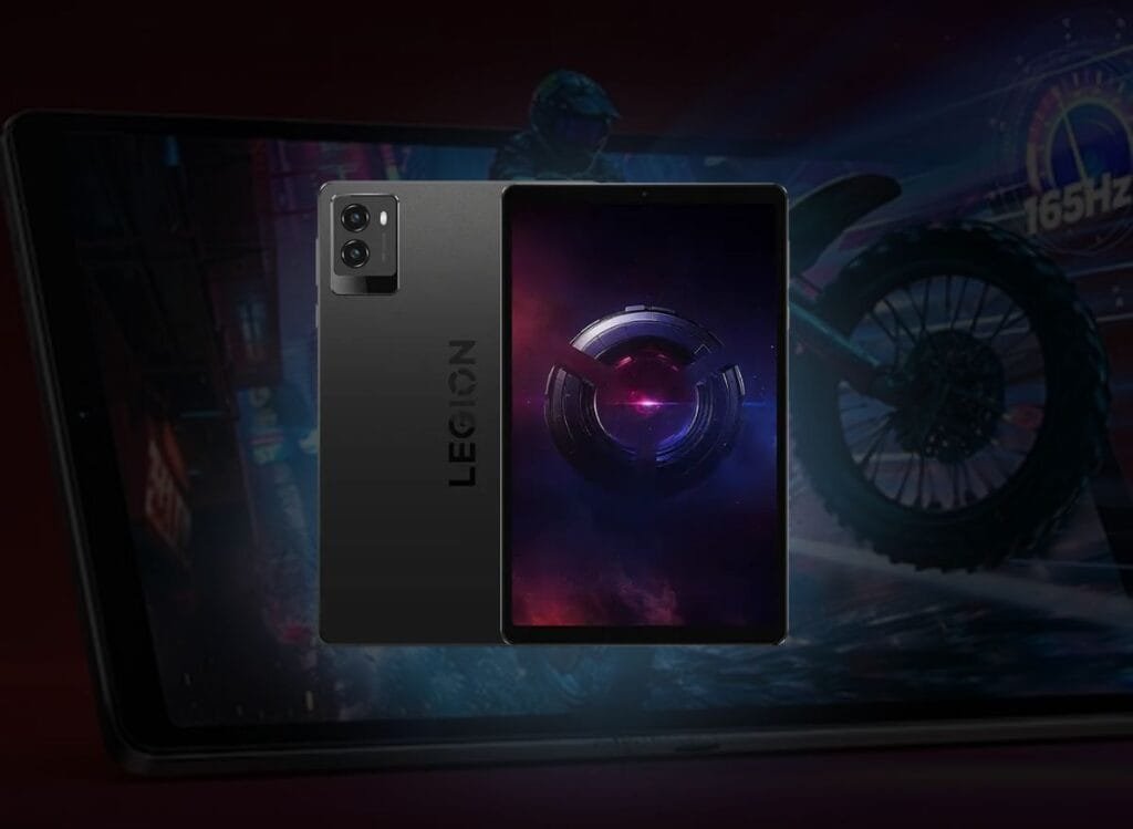 Image of the Lenovo Legion Tab 2025, showcasing its dual rear cameras, "Legion" branding, and vibrant display with a futuristic graphic.
