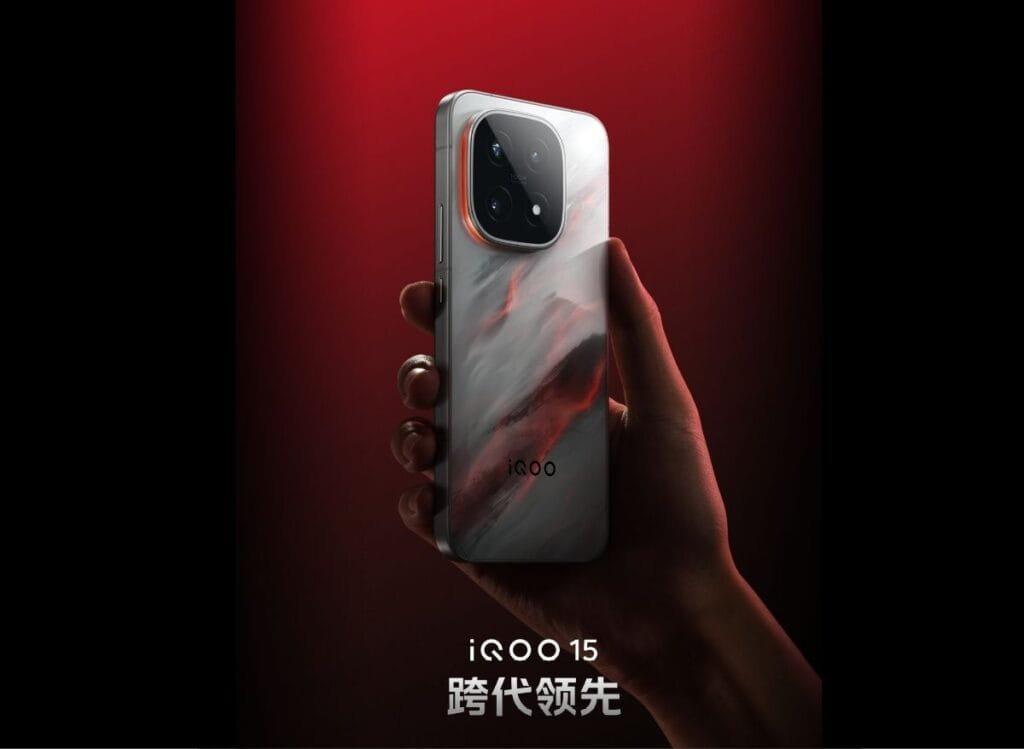 A hand holds the iQOO 15, showcasing its unique marble-like design and prominent camera module on a red background.