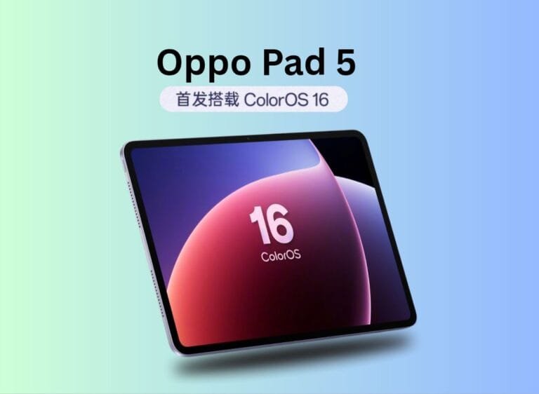 The Oppo Pad 5 Launch Date Set for October 16, 2025 Promotional image of the Oppo Pad 5 tablet with a gradient background, showcasing the ColorOS 16 interface.