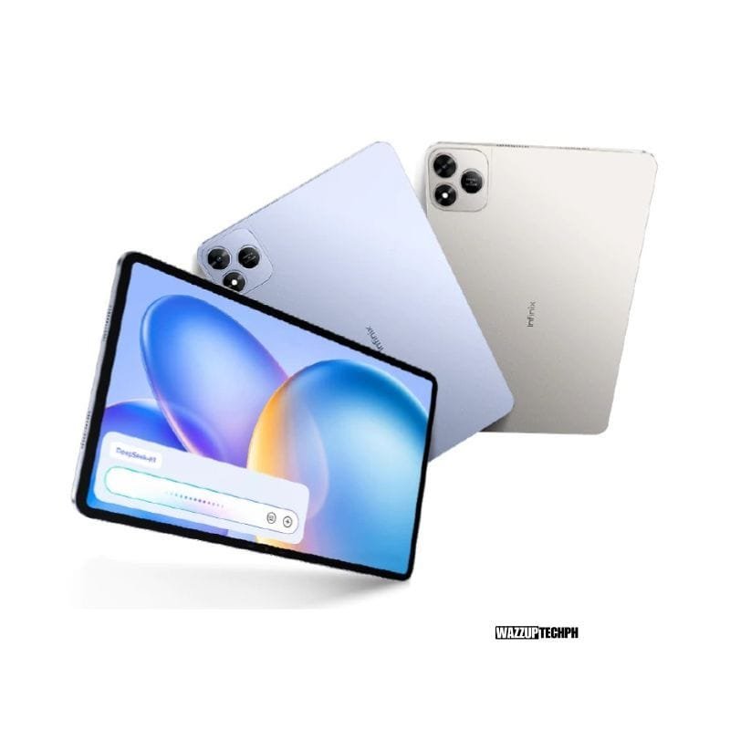 Infinix XPAD 20 Pro LTE A promotional poster of three Infinix XPAD 20 Pro LTE with mist blue color and wazzuptechph logo below