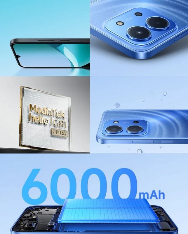A collage of five images showcasing Redmi 15c features: a side view of the phone's display, a close-up of its dual rear cameras, a graphic of the MediaTek Helio G81 Ultra chipset, the phone's back with water droplets indicating water resistance, and an exploded view highlighting its 6000 mAh battery.