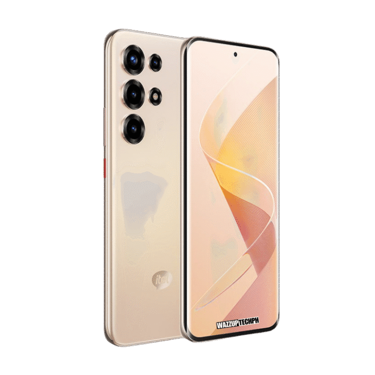 itel S26 Ultra Close-up of the Itel S26 Ultra smartphone, showcasing its gold finish, quad-camera setup, and slim bezel display.