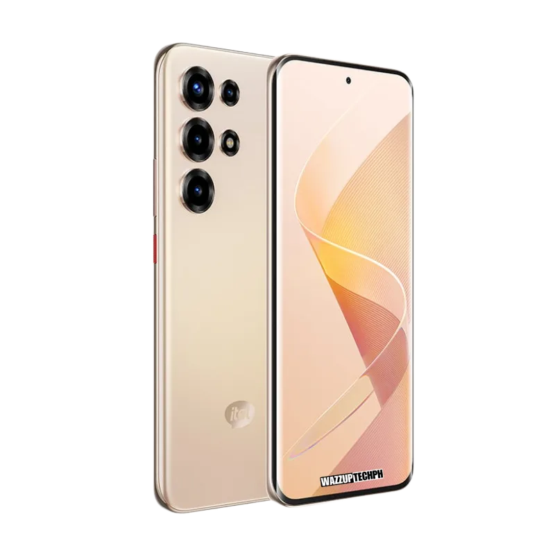 itel S26 Ultra Close-up of the Itel S26 Ultra smartphone, showcasing its gold finish, quad-camera setup, and slim bezel display.