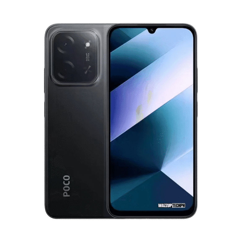 Xiaomi Poco C85 - Close-up of a dark gray Xiaomi POCO C85 smartphone, highlighting its dual-lens camera system with a "50MP" inscription. The phone's screen is visible, displaying a modern, geometric wallpaper in blue and white, complemented by a waterdrop notch.
