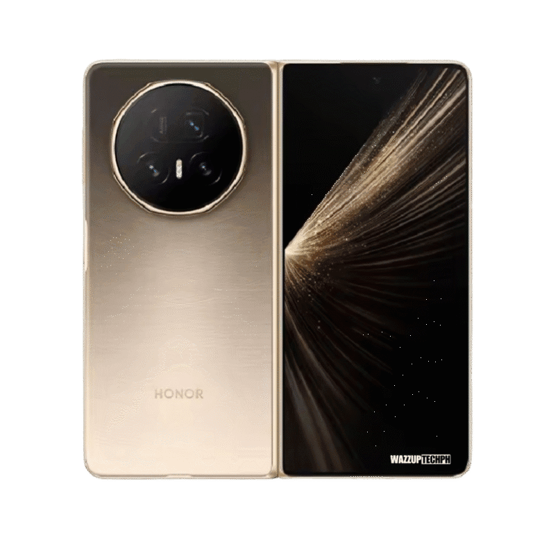 Honor Magic V5 Image of the Honor Magic V5, a foldable phone with a distinctive circular camera setup and a luxurious gold finish.