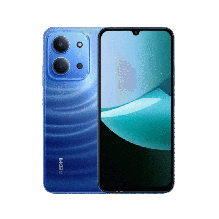 A blue Redmi 15C smartphone is displayed against a black background, showcasing both its front screen and rear camera setup. The phone's screen displays a teal wallpaper, while the back features a dual-camera arrangement with an additional sensor, and the Redmi logo is visible on the lower left.
