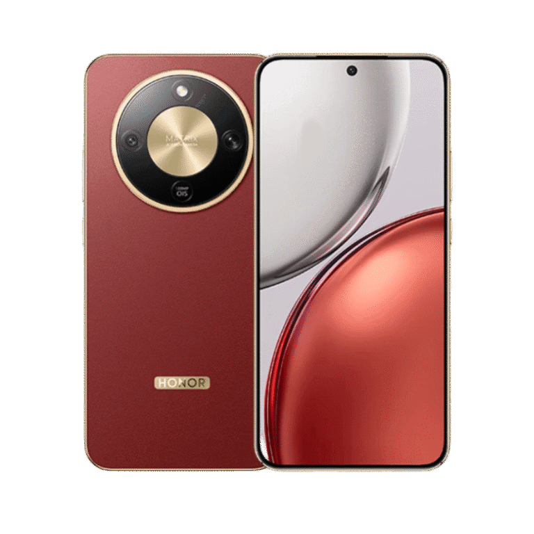 A red Honor X9d smartphone is displayed, showing both its textured back and curved front screen. The back features a large circular gold camera module with 'MATRIX' and '108MP OIS' text, and the 'HONOR' logo near the bottom. The front screen has a punch-hole camera and displays a vibrant red and white abstract image.