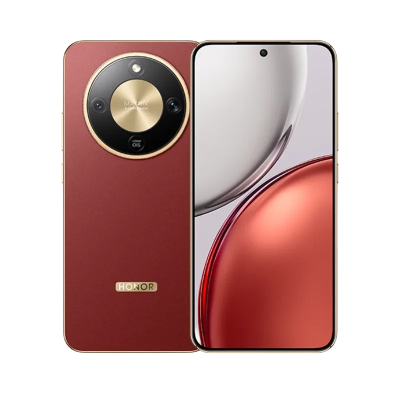 Honor X9d A red Honor X9d smartphone is displayed, showing both its textured back and curved front screen. The back features a large circular gold camera module with 'MATRIX' and '108MP OIS' text, and the 'HONOR' logo near the bottom. The front screen has a punch-hole camera and displays a vibrant red and white abstract image.