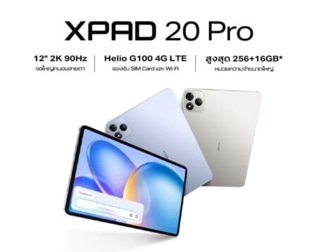 Promotional image of the Infinix Xpad 20 Pro, showcasing its 12-inch 2K display, Helio G100 4G LTE processor, and up to 256+16GB storage.