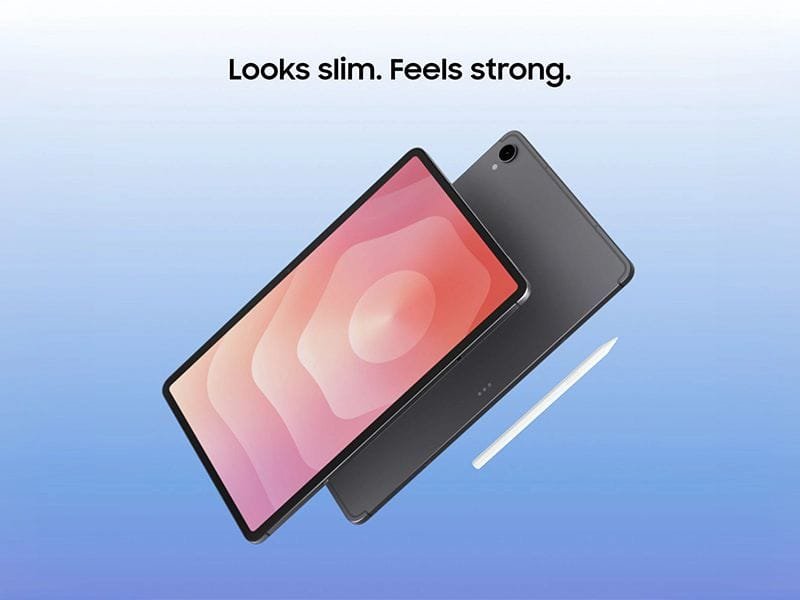 Samsung Galaxy Tab S11 Ultra and Galaxy Tab S11 Launched Globally 3 A sleek Samsung Galaxy Tab S11 hovers against a gradient blue background, accompanied by its stylus. The tablet's screen displays a vibrant, layered pattern in shades of pink and orange. The tagline "Looks slim. Feels strong." is visible above the devices.
