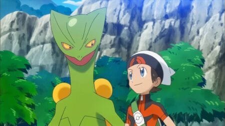 Animated image of a Pokémon trainer standing next to the Pokémon Sceptile, set against a mountainous backdrop.